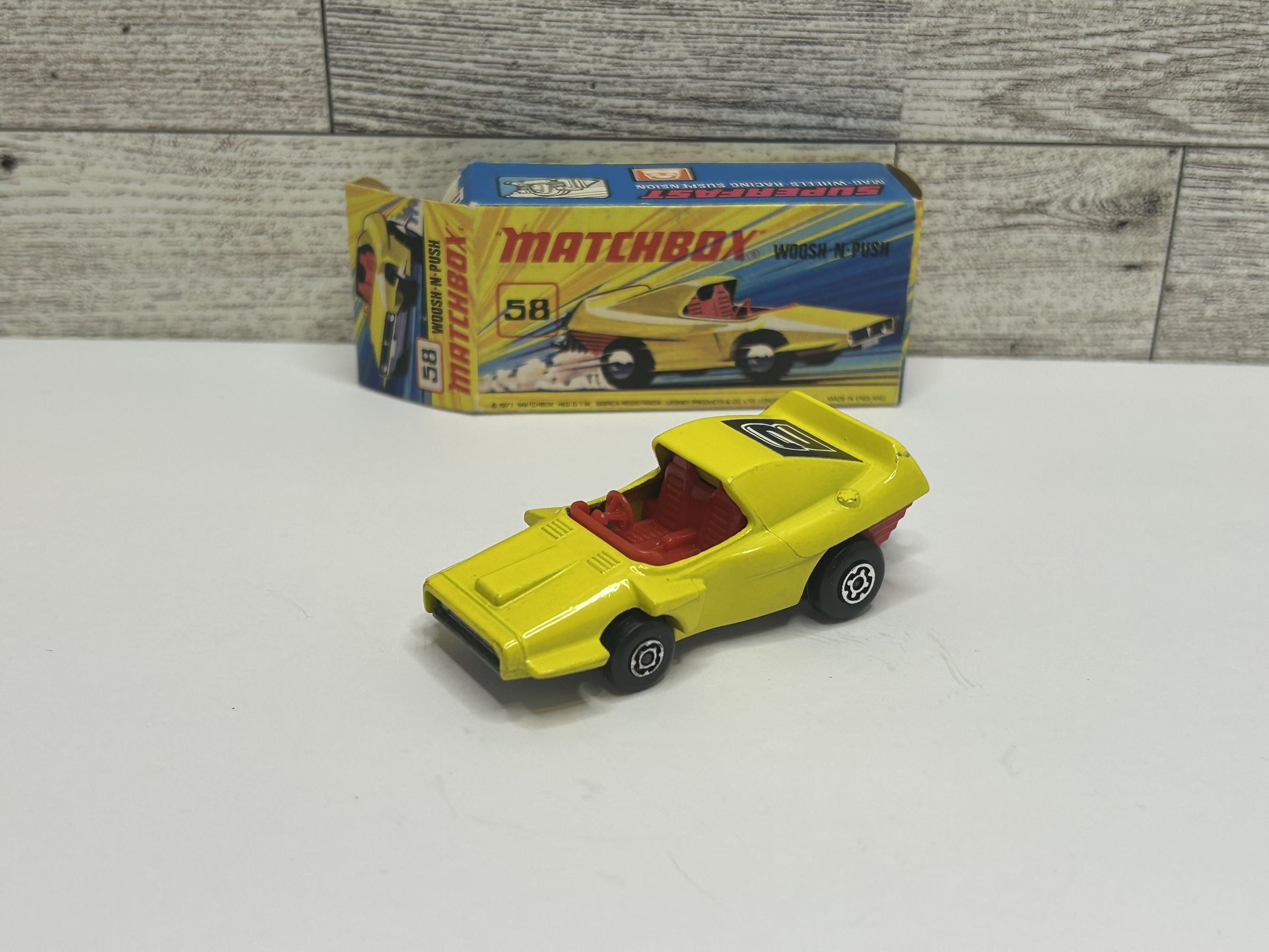 Vintage Matchbox Superfast Yellow ‘1972 Woosh - N - Push / No 58 • Lesney Products • Made in England