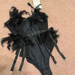 New large black feather mesh bodysuit garter goth gothic lingerie set mesh