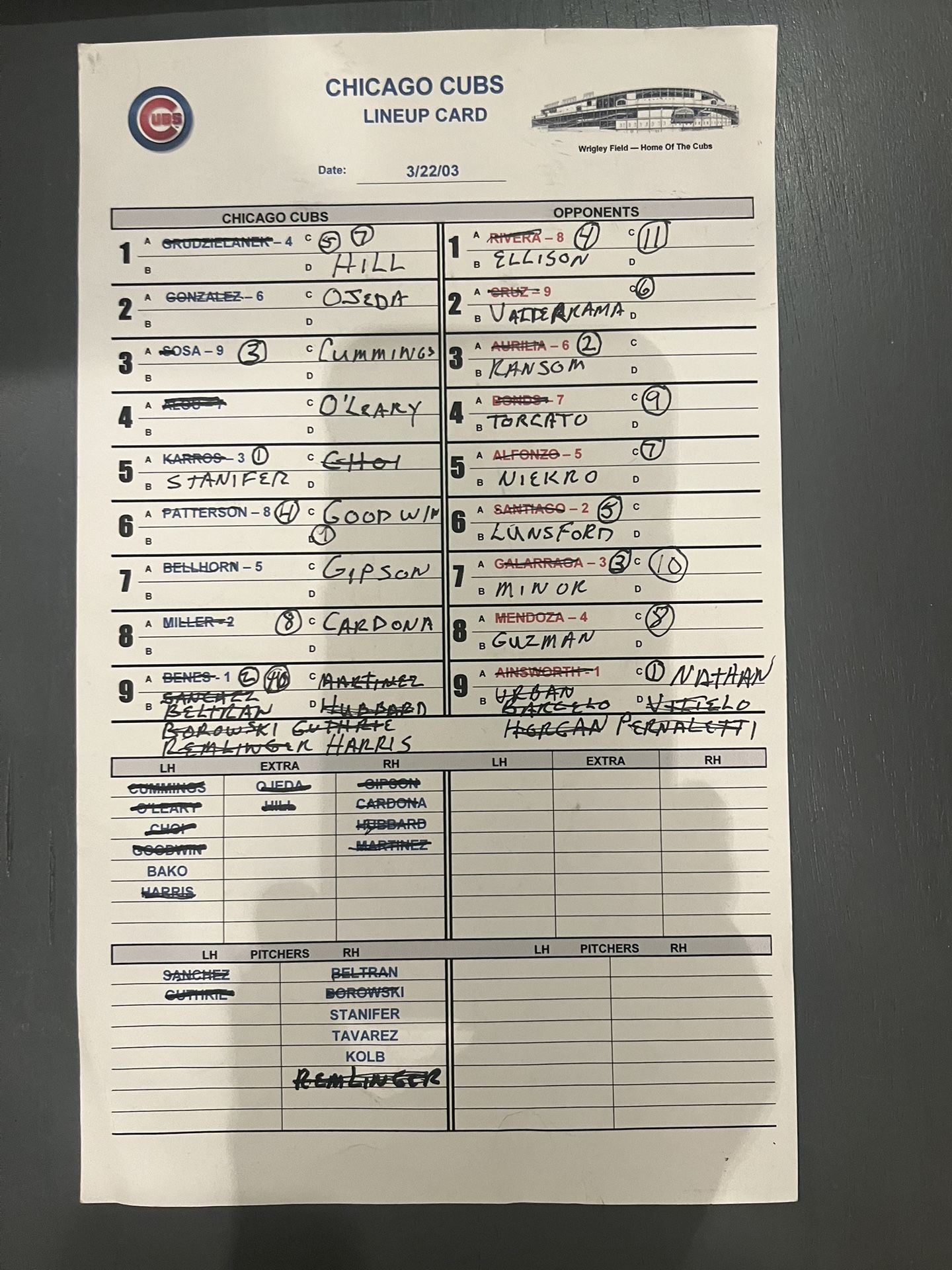 Cubs/Giants Spring Training Line Up Card 2003