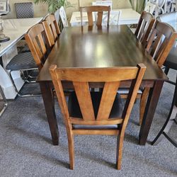Brand New Brown Dining Table (60"×36"×30"H) + 6 Brown Faux Leather Chairs