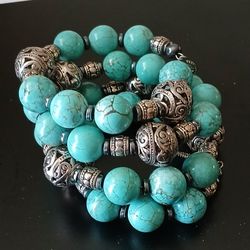 Turquoise and Silver-toned Wrap Bracelet 