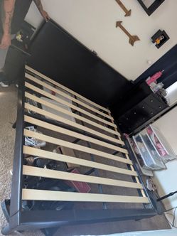 Dark Brown leather Wood Bed Frame with Slats