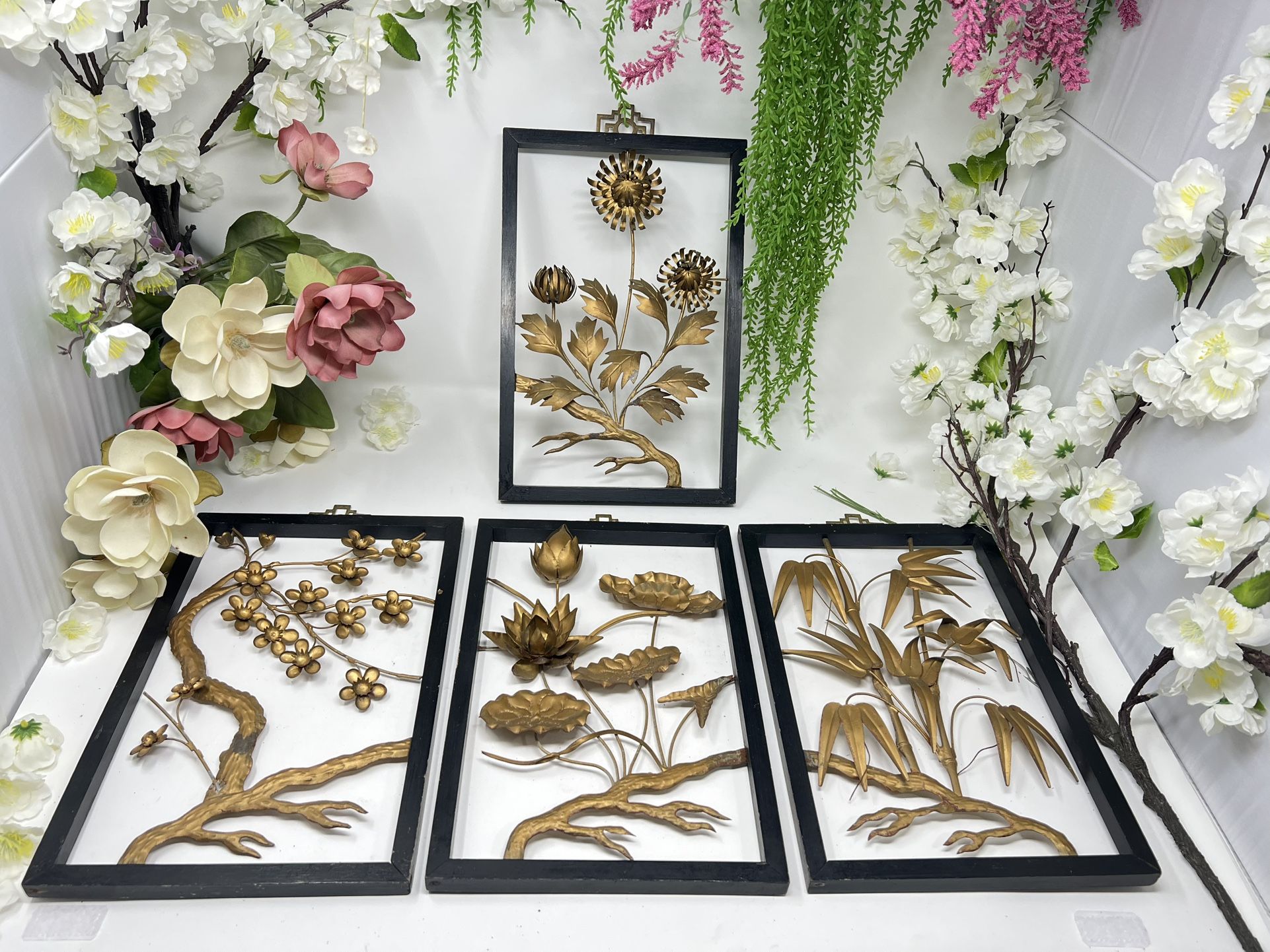 Vintage Mid-Century Asian 3D Metal Wall Art – Set of 4 – 13”