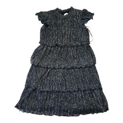 VINCE CAMUTO Women Navy Blue Metallic Crinkled Tiered Mock Neck Dress 12