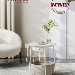 Side Table with Charging Station, Round End Table with Fabric Basket, Nightstand ✅✅✅