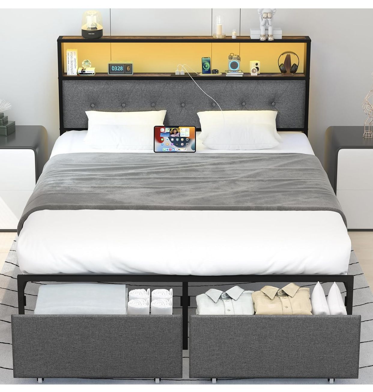 Bed Frame Queen Size, Metal Platform Queen Size Bed Frame with Headboard