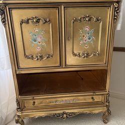 Vintage Gold Painted TV Console Stand Cabinet with Glass Top