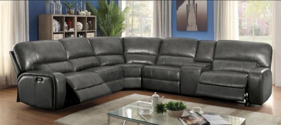 Brand New Grey Super Plush Leather Power Reclining Sectional Sofa