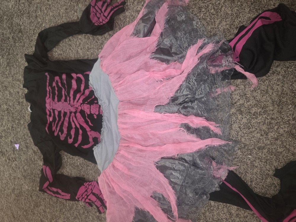 Girls 14/15 4 Piece Halloween Costume Pink Skeleton With Tutu