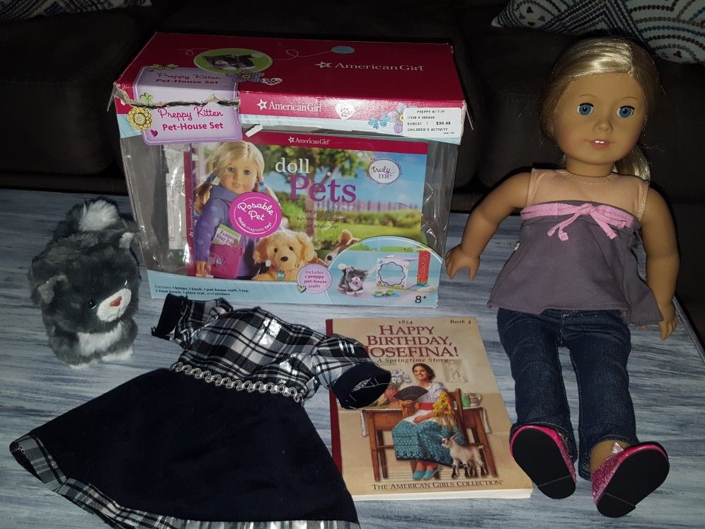 American girl doll, cat and accessories