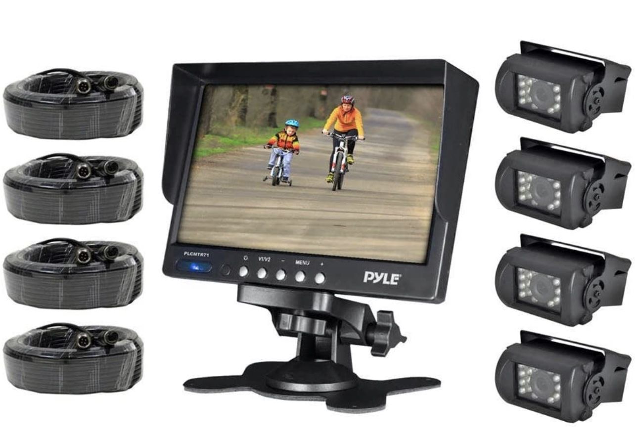 Pyle Mobile Video Surveillance System - Weatherproof Rearview, Backup and Dash Cam with HD 4 IR LED Night Vision Cameras and 7” Monitor. Trucks, Buses