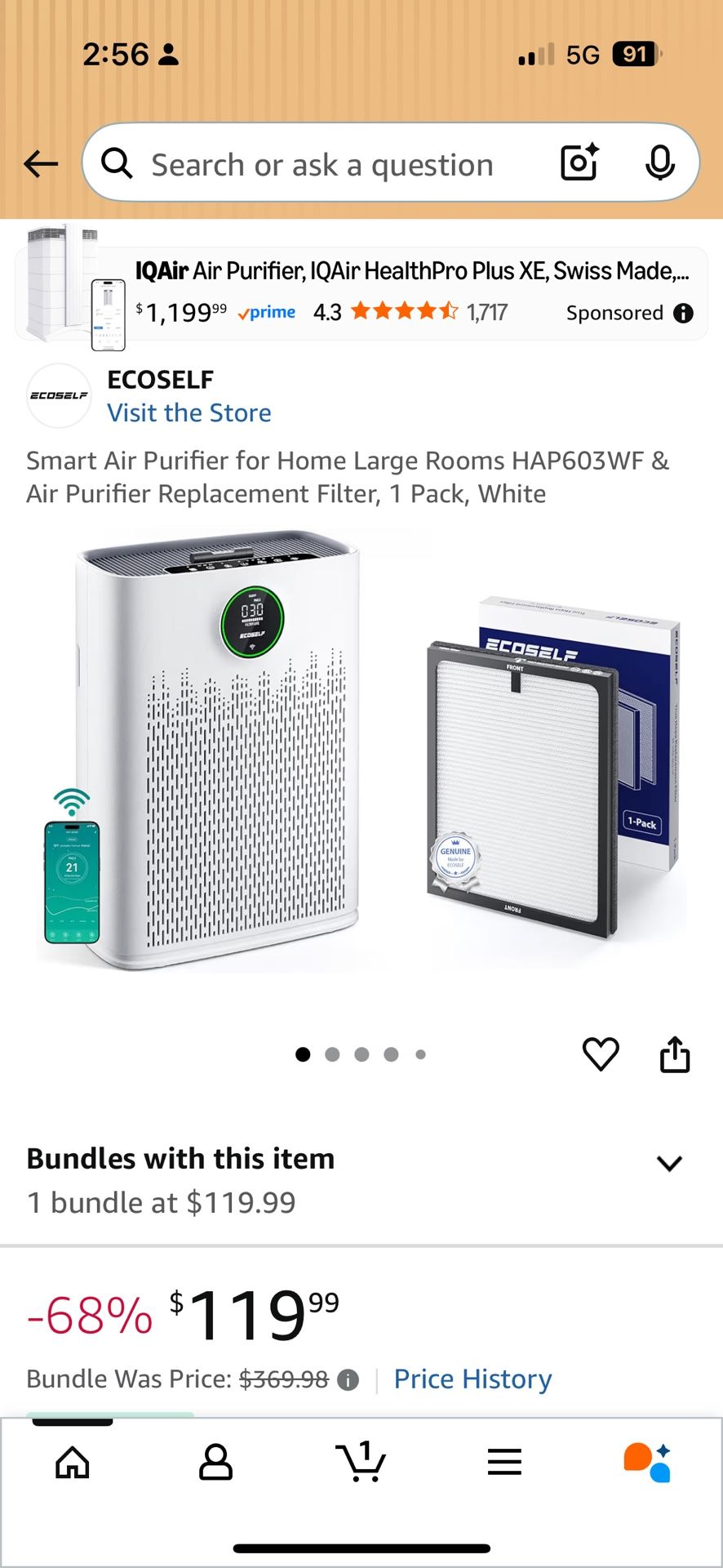ECOSELF Smart Air Purifier for Home Large Rooms, with WiFi Control,built in dust sensor, True Hepa