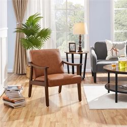 Mid-Century Upholstered Faux Leather Armchair with Solid Wood Legs,Brown