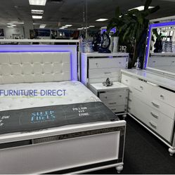 Beautiful White, Five Piece Bedroom, Furniture Set Features, Diamond Tufting, And Led Light. Don’t Miss Out Limited Time Sale.