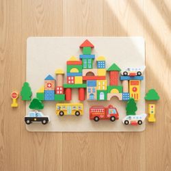 Brand New Wooden City Building Blocks Set with Cars Montessori Construction Toy for Kids