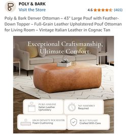 100% Cognac Tan Italian Leather Ottoman