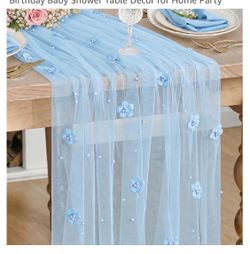 Tulle light blue 3d floral runner or overlay