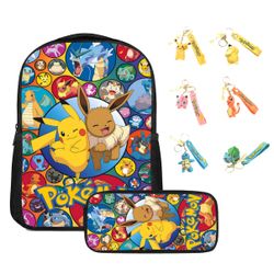 Pokemon Backpack with Pencil Schoolbag for Girls Boys with random one keychains.