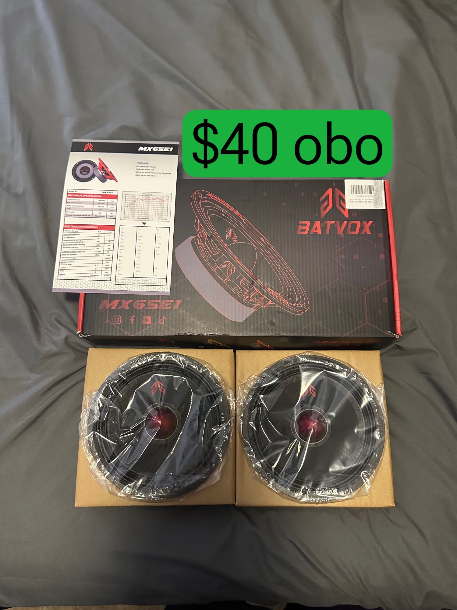 Batvox MX65E1 Speakers - Red/Black 6.5" Red Bullet, 200W Max 6 Ohm HQ Sound