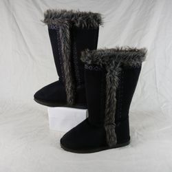 Women 7 JustFab Knee High Black/ Dark Grey Fur Winter Boots