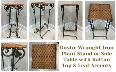 Rustic Wrought Iron Plant Stand or Side Table with Rattan Top & Leaf Accents