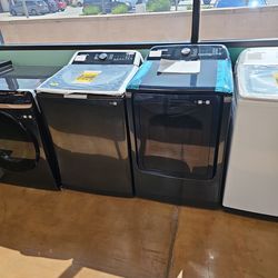 Samsung Top Loading Black Stainless Steel Washer And Gas Dryer Set