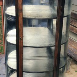 SOLID TIGER OAK REAL 1900s Antique Curved Glass  Curio Cabinet