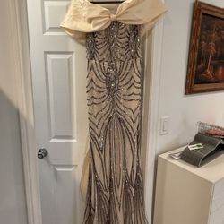 Brand new Evening  Formal Light Apricot Color L Size ,  Off Shoulder Sparkly Satin Mermaid Prom Dress 