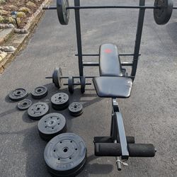 27 Piece Weight Bench Set With Weights Good Condition