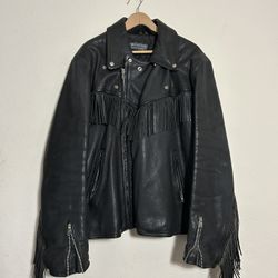 VTG WESTERN BOHO HARLEY DAVIDSON BLACK TASSEL BIKER LEATHER JACKET SIZE 56 3XL