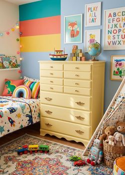 SIMMONS COMPANY 5 DRAWER YELLOW DRESSER
The first picture is a A.I. visual of how the dresser can look in a room.
Simmons 5 drawer wooden dresser 
In 