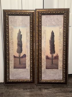 Pair of Large Framed Tuscan Cypress Tree Wall Art