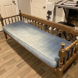 Vintage Outdoor Wood Bench With Denim Cushion Spindle Rail