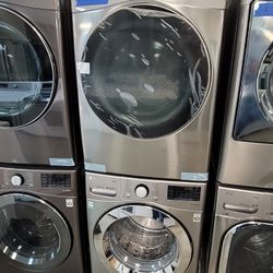 New LG ThinQ Stackable Gas Dryer and Used LG Front Load Washer in Stainless Silver