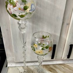 Pair of hand-painted twisted-stem crackle glass candle holders