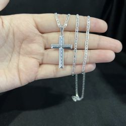 925 Sterling Silver Men Women Diamond Cut Cross Pendant Valentino Chain
