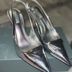 Designer Silver Slingback Pointed Toe Heels 