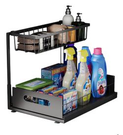 Under Sink Organizer, 2 Tier Pull-Out Cabinet Storage Shelf, Rust-Resistant Metal Organizer for Kitchen Bathroom Laundry Room, No Tools Installation, 