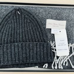 New Made In Italy Unisex 100% Wool Fringed Scarf and Hat One Size Black Grey 
