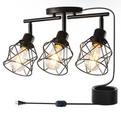 Dimmable Black Plug in Track Lighting Kit,3 Light Plug in Ceiling Light with 16.5' Cord,Flexibly Rotatable Light Head,Modern Industrial Farmhouse Styl