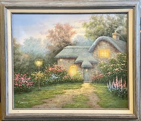 Vintage Original ‘Spring Cottage’ Oil Painting • Signed C. JAFFEY, 25”x 29”