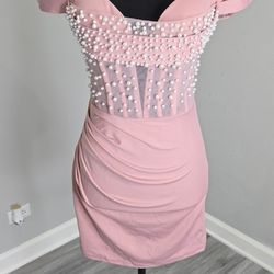 Short pink pearl embellished dress