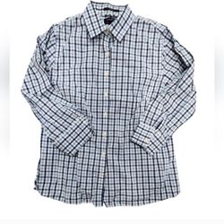 Vintage Lands End Size 8 Blue Plaid No Iron Button Down Shirt