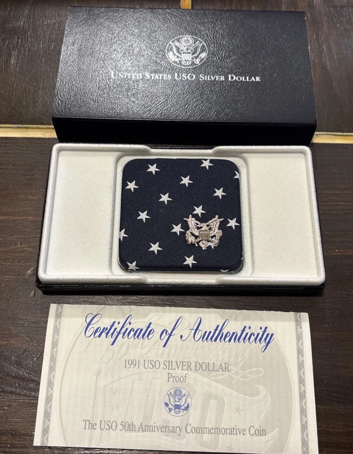 1991 S Proof USO Silver Dollar US Mint Commemorative Coin w/ Box & COA 50th Anniversary