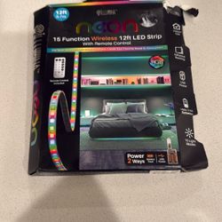 12-foot long LED light strip with remote control, ready to use with batteries or power adapter, brand new for only $15.