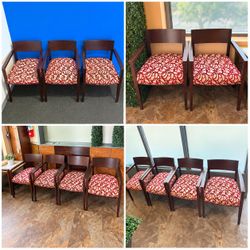4 Matching Wood Reception Chairs w/ Red Patterned Seats