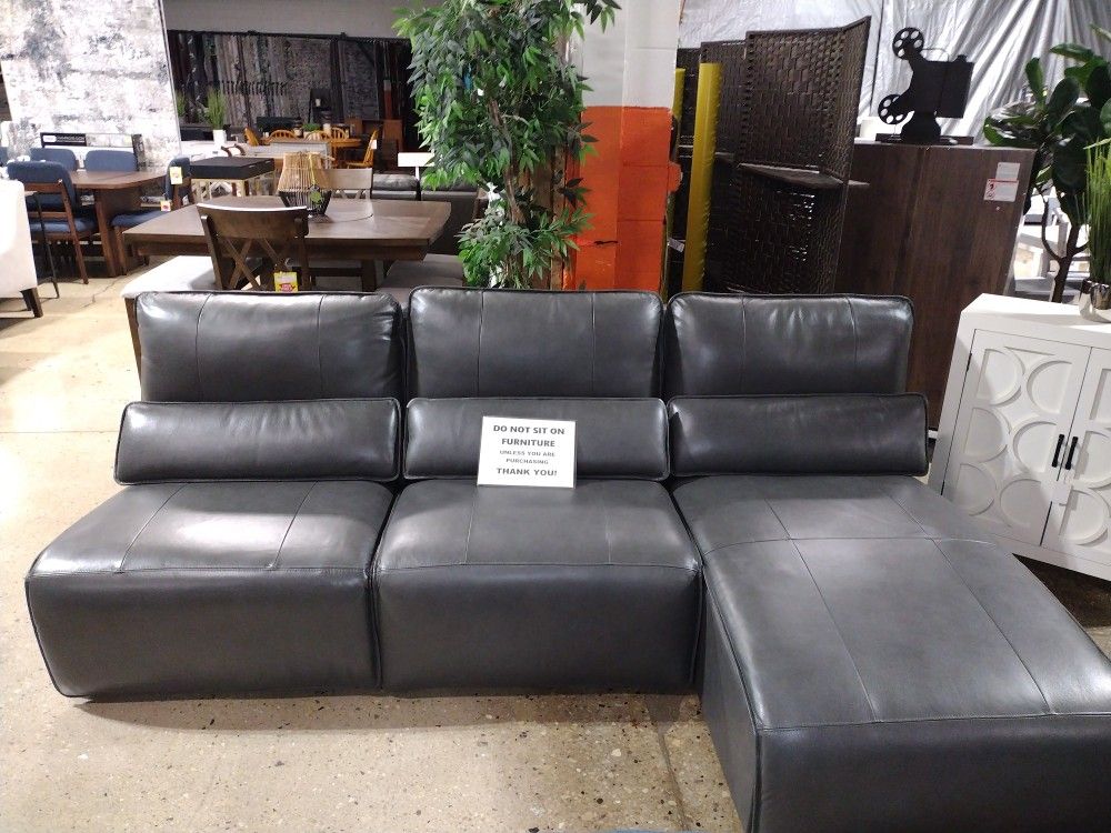 Gray Leather Power Recliner Sectional (New)
