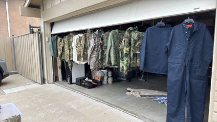 Military camo, steel toe boots, high chair, tools