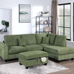 3-Piece Sectional Set RAF Chaise + LAF Sofa W/ USB Port + Storage Ottoman.    Seccional De 3 Piezas Nuevo En Caja 