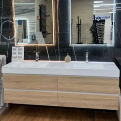 72" Double Sink Floating Natural Wood Color Bathroom Vanity 